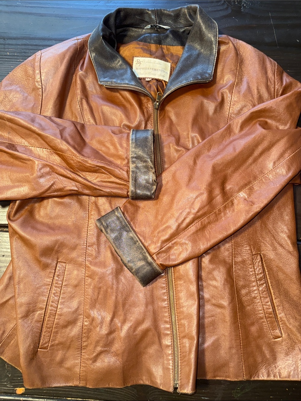 Classic Brown Leather Bomber Jacket with Dark Trim
